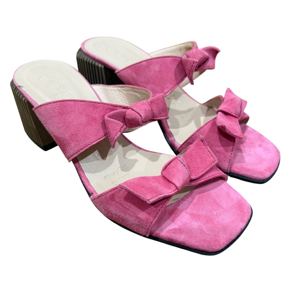 Wonders Pink Suede Bow Sandals Square Toe Block Heel Memory Gel Womens 7.5